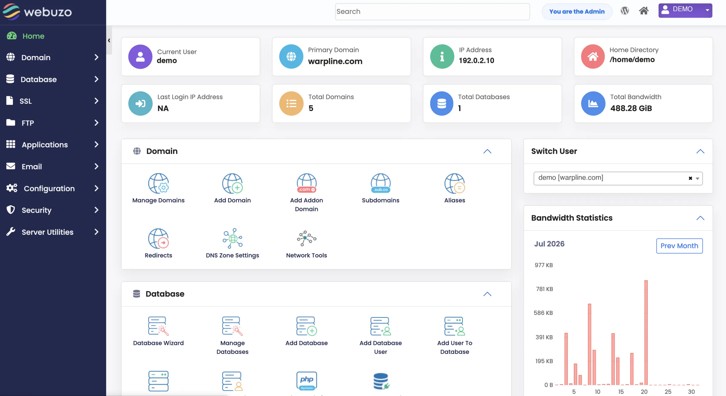 The panel a reseller's client logs into: a sidebar with Domain, Database, SSL, FTP, Applications, Email, Configuration, Security and Server Utilities, account summary tiles, and grids of labelled icons for managing domains and databases.